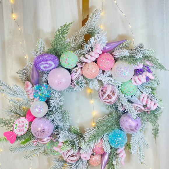 Peppermint Square Pastel Candy Frosted Pine 24" Holiday Christmas Wreath Rare - Picture 10 of 16